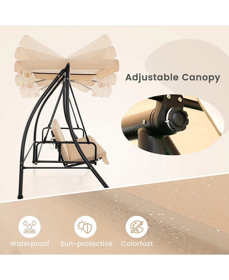 Slickblue 2-Seat Outdoor Convertible Swing Chair with Flat Bed and Adjustable Canopy-Beige