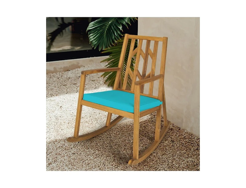 Slickblue Patio Acacia Wood Rocking Chair Sofa with Armrest and Cushion for Garden Deck