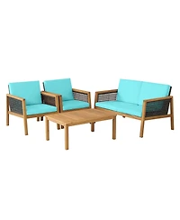 8PCS Patio Rattan Furniture Set Acacia Wood Cushioned Sofa