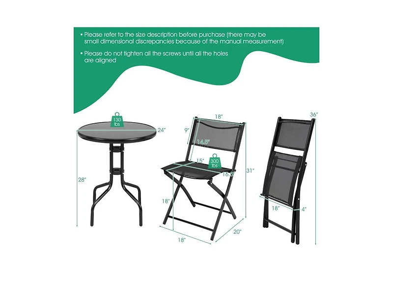 Slickblue 3 Pieces Folding Bistro Table Chairs Set for Indoor and Outdoor