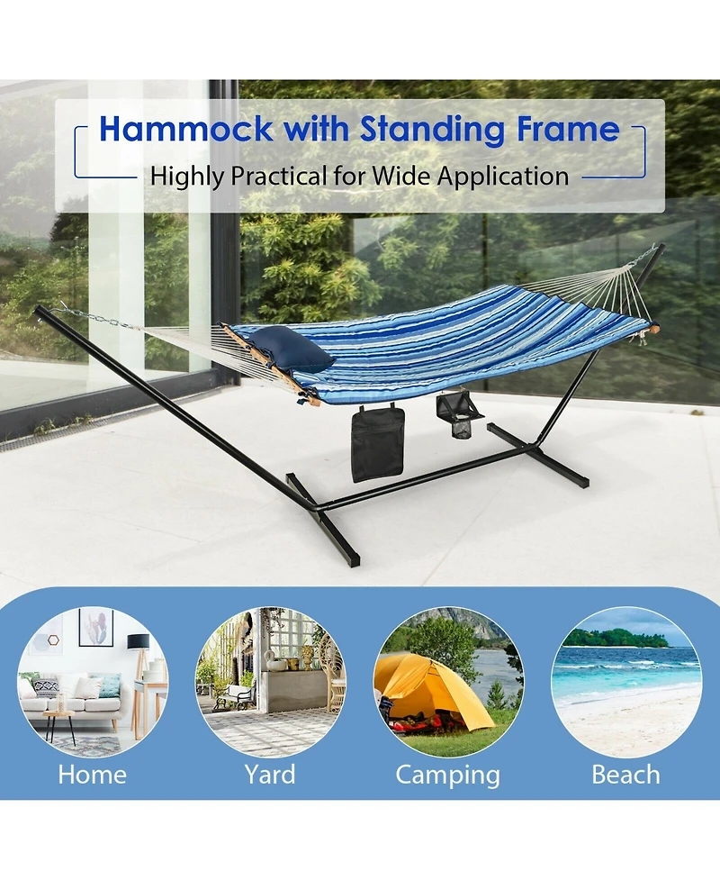 Slickblue Hammock Chair Stand Set Cotton Swing with Pillow Cup Holder Indoor Outdoor
