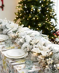 Glitzhome Set of 2 6ft Pre Lit Flocked Greenery Pine White Poinsettia Christmas Garland, with 50 Warm White Lights with Timer, Three Function