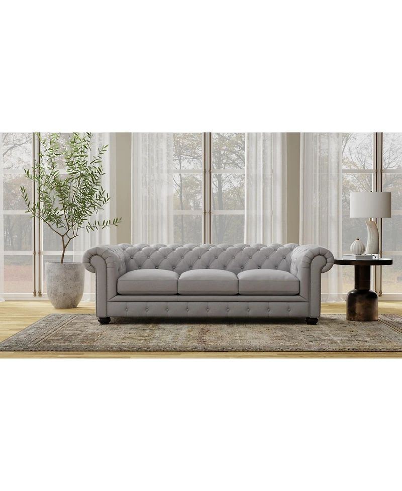 Nice Link Alexandon 95" Chesterfield Chair in Light Grey Italian Leather with Nailhead