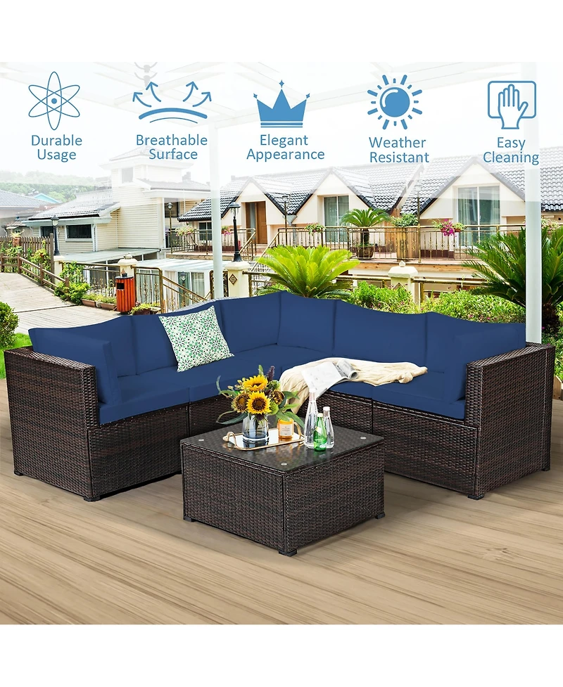6PCS Patio Rattan Furniture Set Sectional Cushioned Sofa Deck