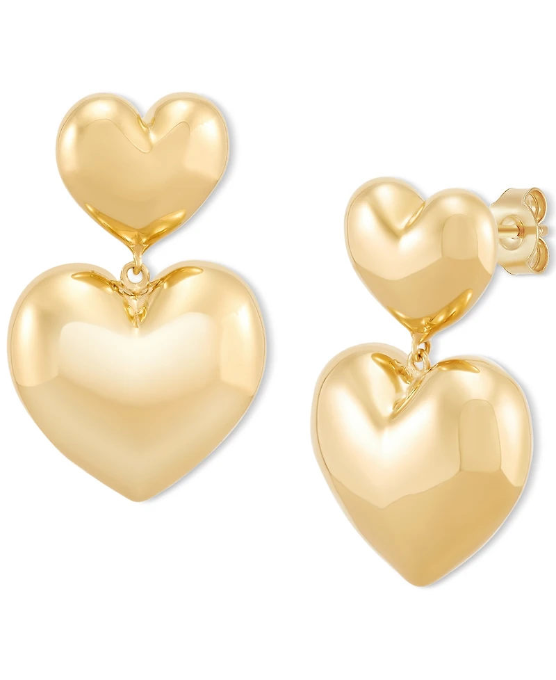 Polished Graduated Double Heart Drop Earrings in 14k Gold, 1"