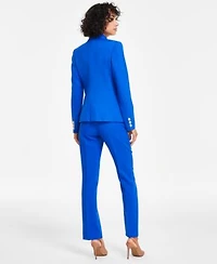 Tahari Asl Womens One Button Double Breasted Blazer Striped Short Sleeve Knit Top Flare Leg Pants