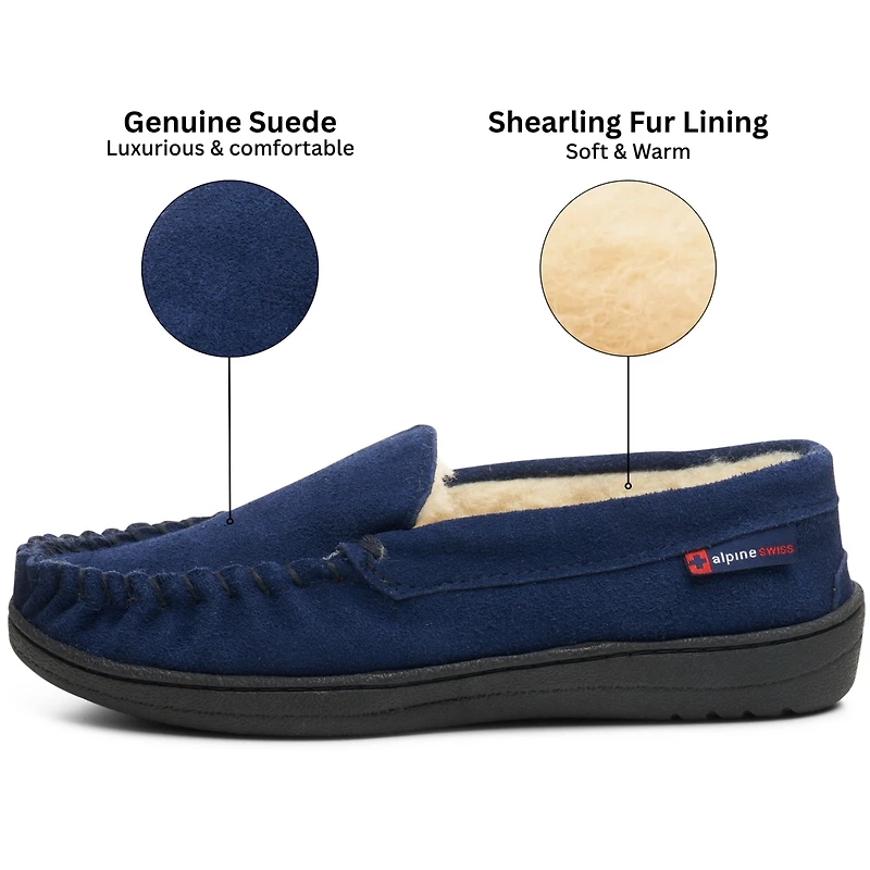 Alpine Swiss Men's Moccasin Slippers Genuine Suede House Shoe Memory Foam Insole Plush Faux Shearling Lining Comfy Indoor Outdoor Anti-Slip Rubber Sol