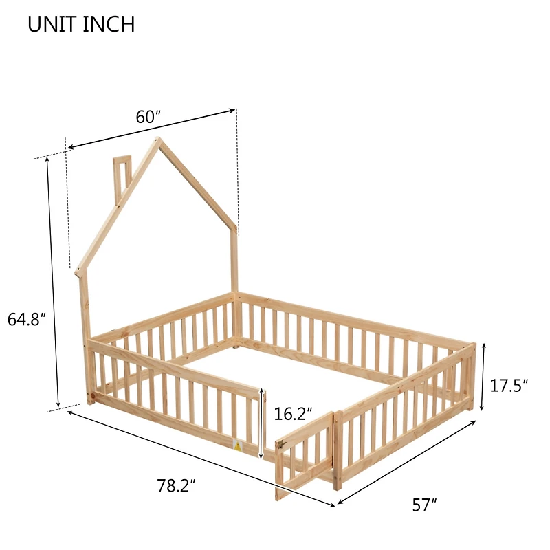 Simplie Fun Full House-Shaped Headboard Floor Bed With Fence, Natural