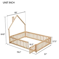 Simplie Fun Full House-Shaped Headboard Floor Bed With Fence, Natural