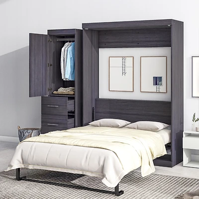 Simplie Fun Full Size Murphy Bed With Wardrobe And Drawers, Storage Bed, Can Be Folded Into A Cabinet