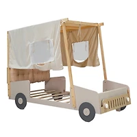 Simplie Fun Wood Twin Size Car Bed With Pillow, Ceiling Cloth And Led