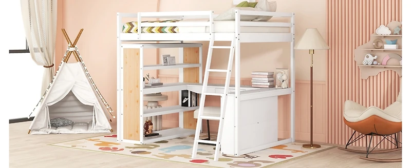 Streamdale Full Loft Bed With Ladder, Shelves, And Desk, White