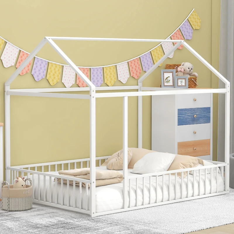 Streamdale Metal House Bed Frame with Fence for Kids