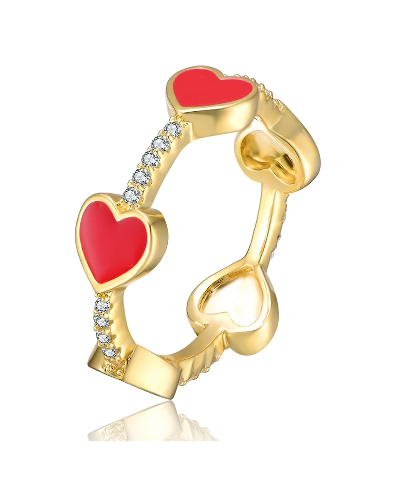 GiGiGirl Kids/Teens 14k Yellow Gold Plated with Cubic Zirconia Red Enamel Heart Stacking Ring