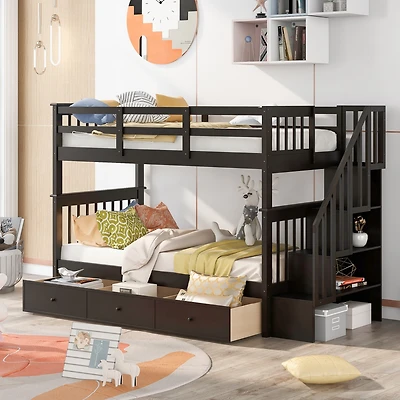 Streamdale Stairway Twin-Over-Twin Bunk Bed With Three Drawers For Bedroom, Dorm