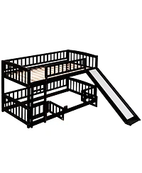 Bunk Bed With Slide, Twin Over Twin Low Bunk Bed With Fence And Ladder For Toddler Kids Teens