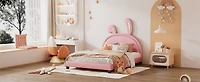 Streamdale Full Upholstered Leather Platform Bed With Rabbit Ornament, Pink