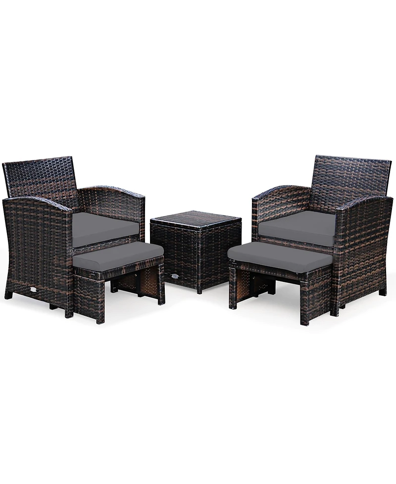 Gymax 5PCS Rattan Patio Furniture Set Chair & Ottoman Set w/ Grey Cushions