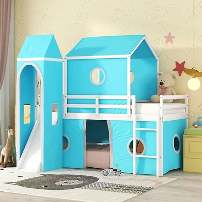 Simplie Fun Twin Size Bunk Bed With Slide Tent And Tower
