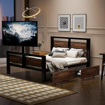 Streamdale Metal Platform Bed with Storage Drawers and Rotatable Tv Stand