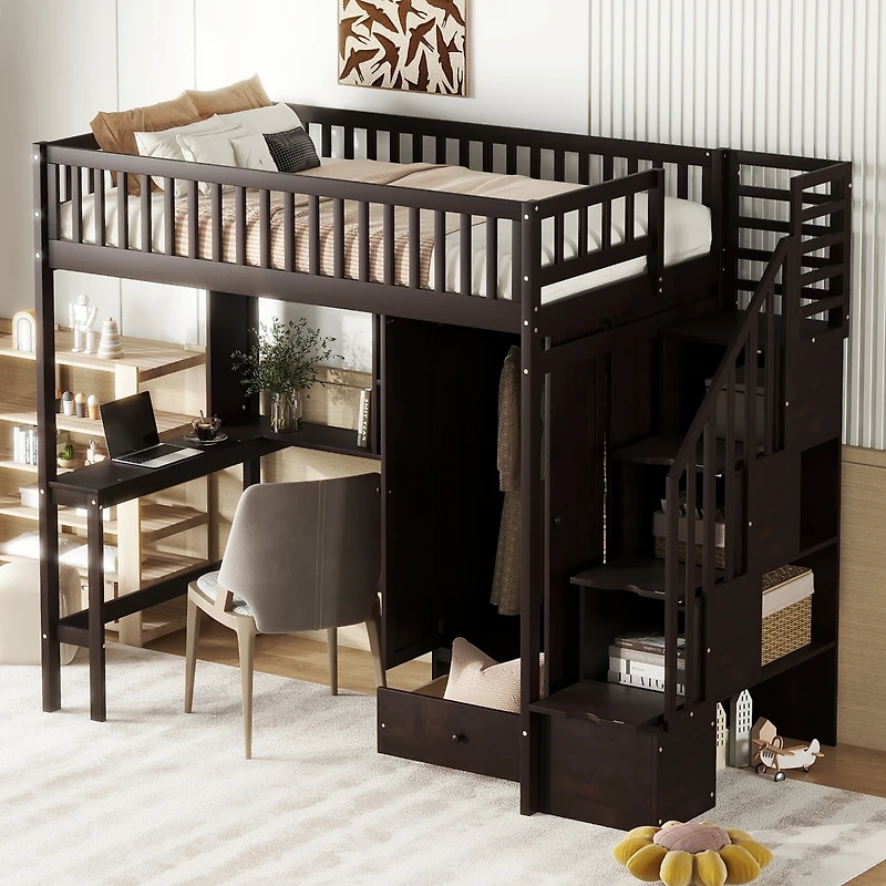 Streamdale Twin Loft Bed With Bookshelf, Drawers, Desk, And Wardrobe White