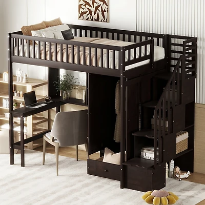 Streamdale Twin Loft Bed With Bookshelf, Drawers, Desk, And Wardrobe White