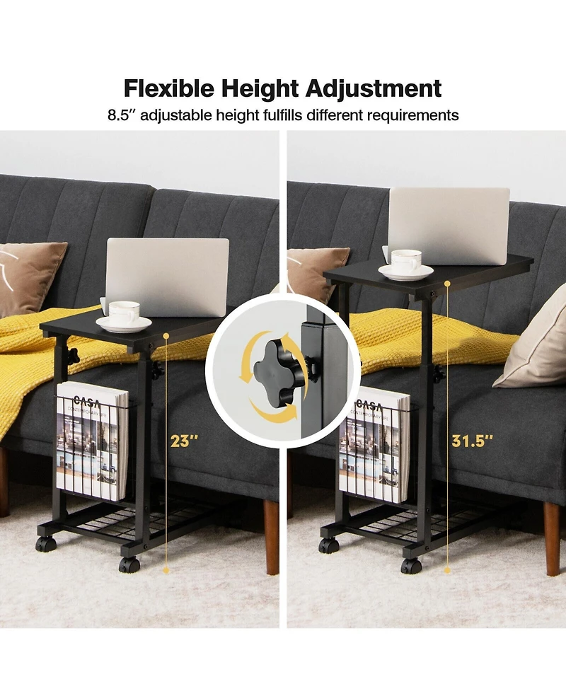 Slickblue Adjustable C-shape Sofa Side Table with Storage Basket
