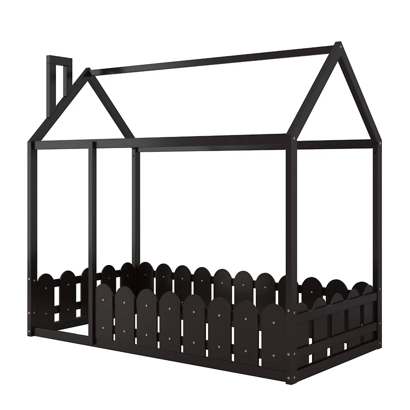 Streamdale Twin Wood Bed House Frame With Fence, For Kids, Teens, Girl