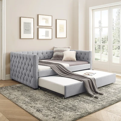 Streamdale Beige Upholstered Daybed with Trundle, Twin