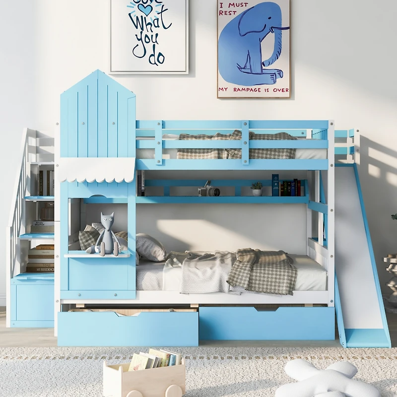 Simplie Fun Full-Over-Full Castle Style Bunk Bed with 2 Drawers 3 Shelves and Slide - White
