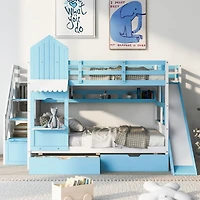 Simplie Fun Full-Over-Full Castle Style Bunk Bed with 2 Drawers 3 Shelves and Slide - White