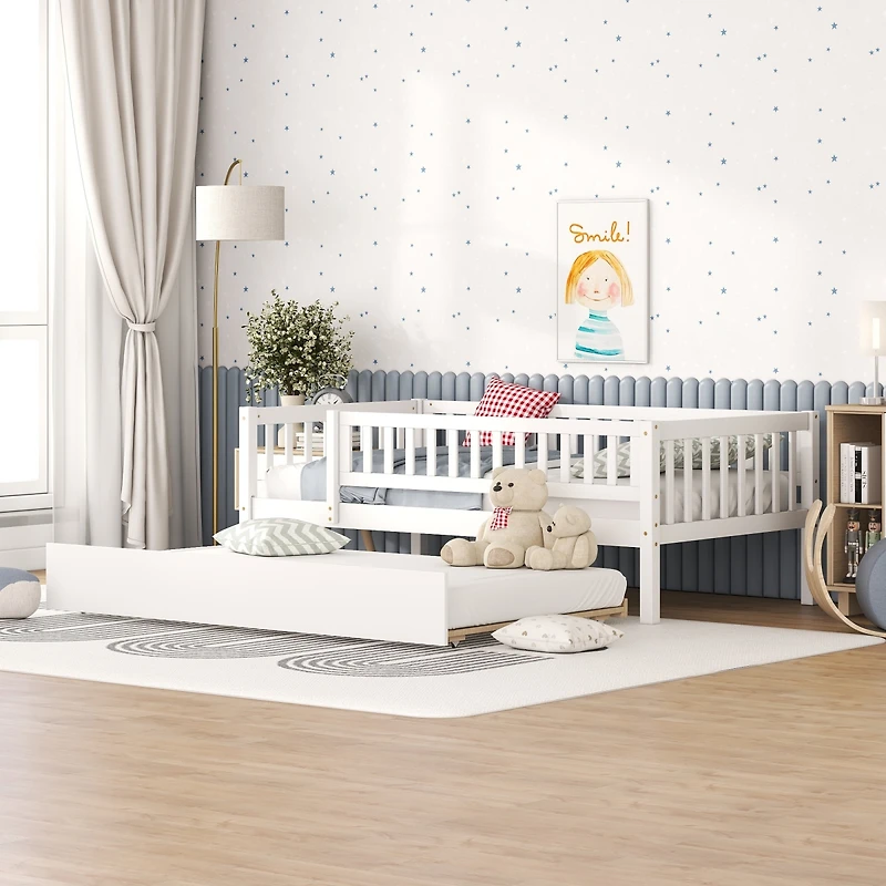 Streamdale Twin Size Wood Daybed With Trundle And Fence Guardrails