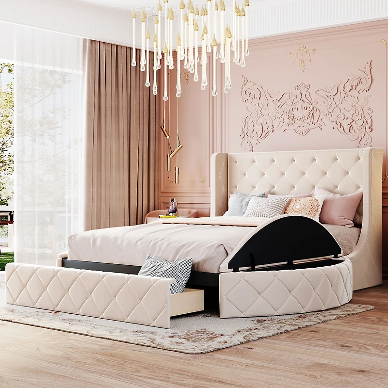 Streamdale Velvet Queen Storage Platform Bed with Wingback Headboard