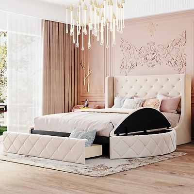 Streamdale Velvet Queen Storage Platform Bed with Wingback Headboard