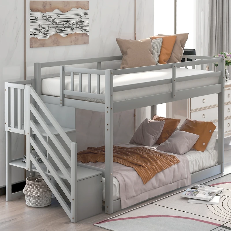 Streamdale Twin Over Twin Floor Bunk Bed, Ladder With Storage
