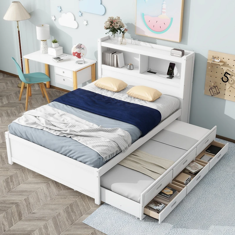 Streamdale Full Platform Bed With Trundle, Drawers And Usb Plugs, White