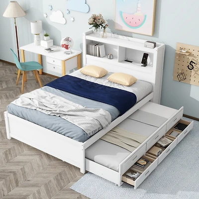 Streamdale Full Platform Bed With Trundle, Drawers And Usb Plugs, White