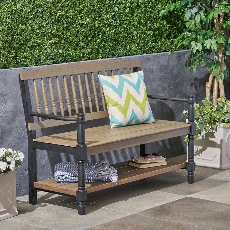 Simplie Fun Elegant Slatted Bench with Shelf Cozy Charm for Outdoor Living