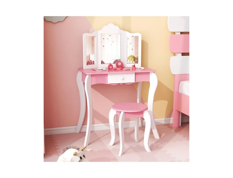 Slickblue Kid's Wooden Vanity Table and Stool Set with 3-Panel Acrylic Mirror-White