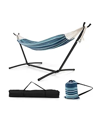 Slickblue Portable Indoor Outdoor 2-Person Double Hammock Set with Stand and Carrying Cases-Blue