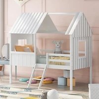 Streamdale Twin Size Low Loft Wood House Bed With Two Side Windows (White)
