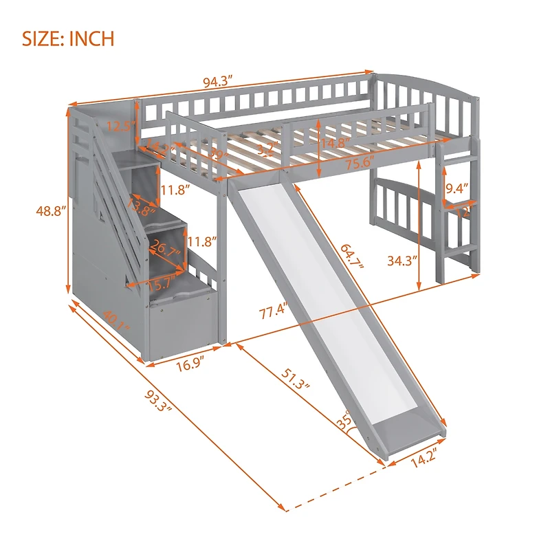 Streamdale Stairway Twin Loft Bed With Two Drawers And Slide