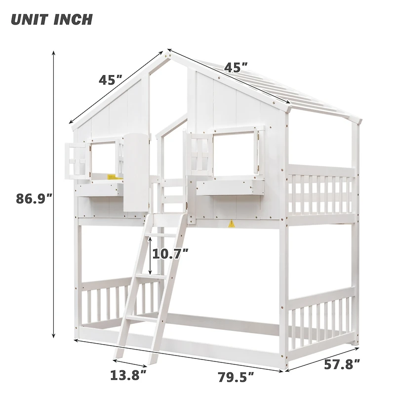 Streamdale Twin Bunk House Bed with Roof and Safety Rails