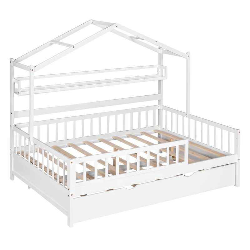 Streamdale Twin-Size Trundle Kids Bed with Shelf, White