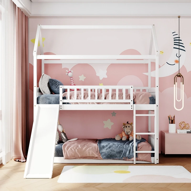 Streamdale Twin Over Twin Bunk Bed With Slide, House Bed With Slide