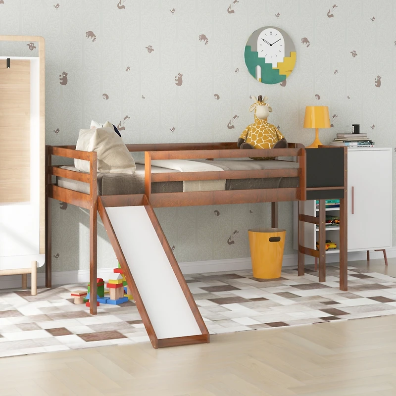 Streamdale Twin Size Loft Bed Wood Bed With Slide, Stair And Chalkboard, Walnut