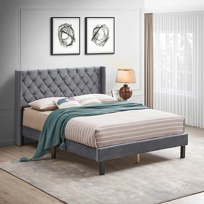 Simplie Fun Gray Velvet Winged Queen Platform Bed