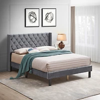 Simplie Fun Gray Velvet Winged Queen Platform Bed
