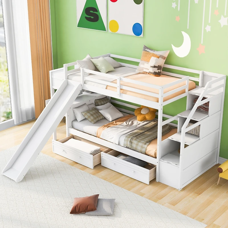Streamdale White Twin Bunk Bed with Staircase, Slide, and Desk