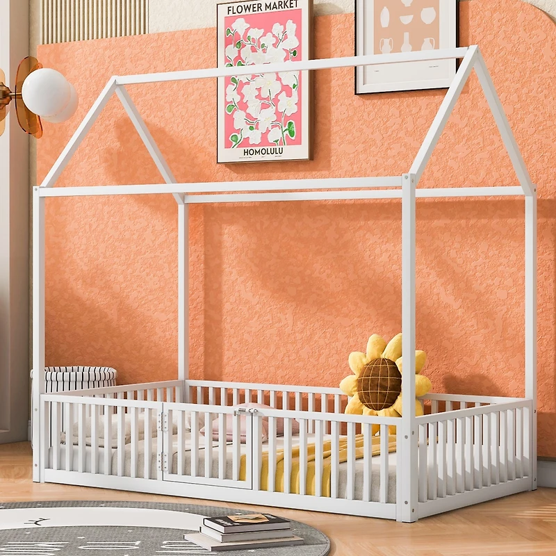 Streamdale Twin Metal House Bed With Fence And Door
